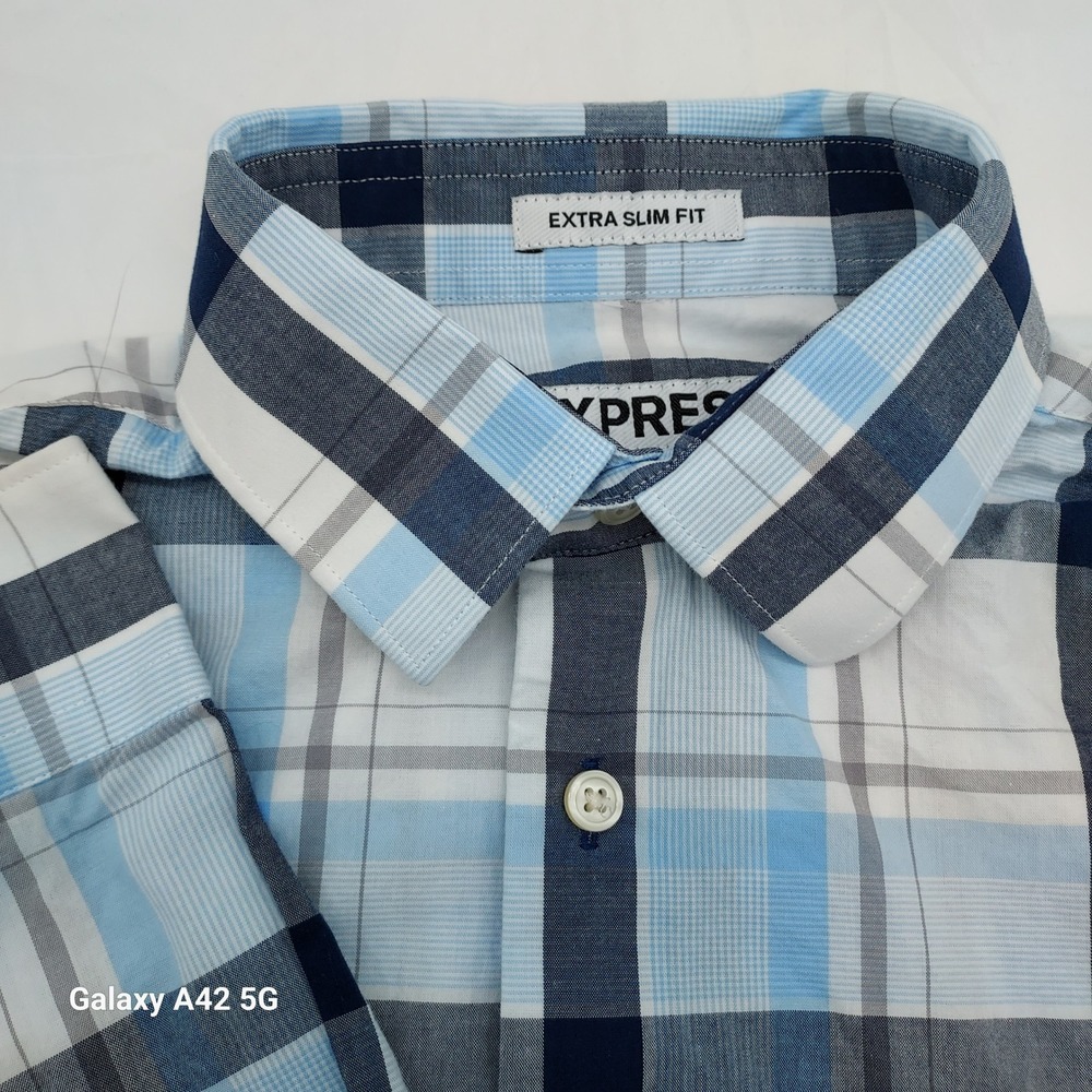 Express Extra Slim Fit Mens XS Blue Plaid Button Down Shirt 100% Cotton Long Sle